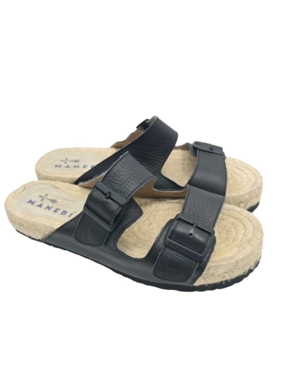 Manebi Sandals Women's Size 39 Black Leather Double Buckle Strap Woven Sole